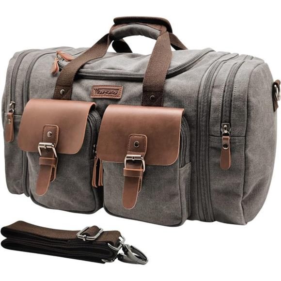 50L Travel Duffel Bag, Expandable Canvas Genuine Leather Duffle Bag